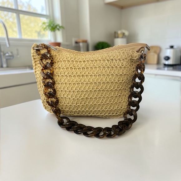 Handbags - Cream Woven Shoulder Bag with Tortoiseshell Chain - NWOT